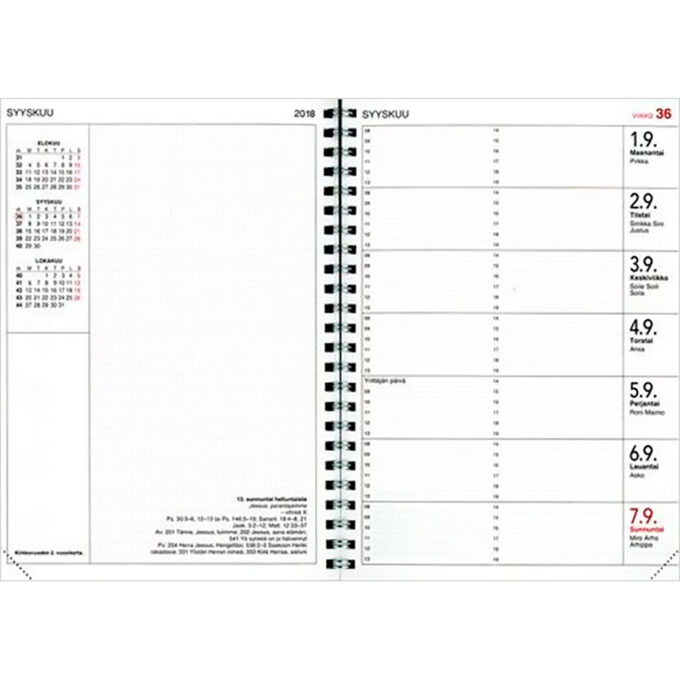 Kirkon viikkokalenteri 2025 + lilat pujotuskannet, kynäpidike tuotekuva3