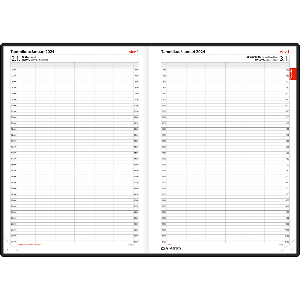 Ajanvaraus/Bokning 2024, sidottu, päivä/sivu, musta (pöytäkalenteri) tuotekuva2