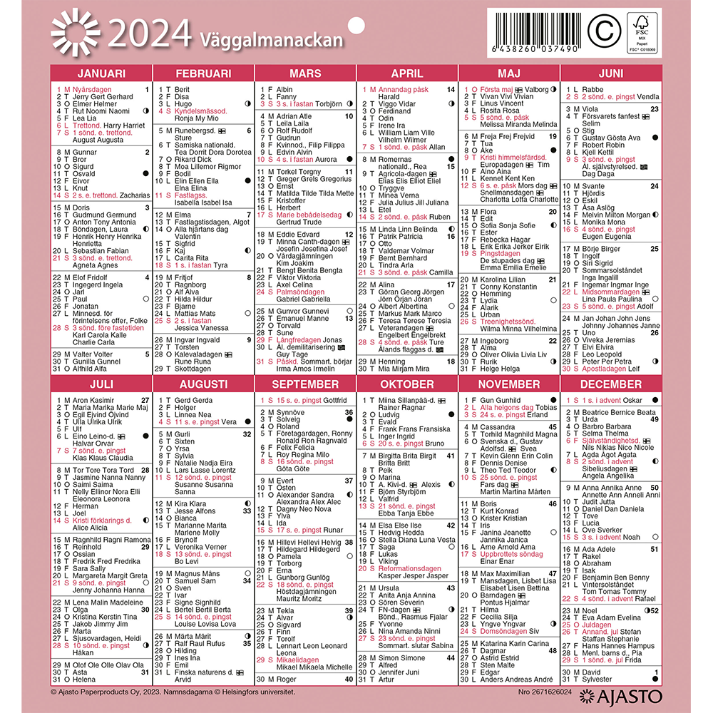 Seinäalmanakka/Väggalmanackan 2024 (seinäkalenteri) tuotekuva4