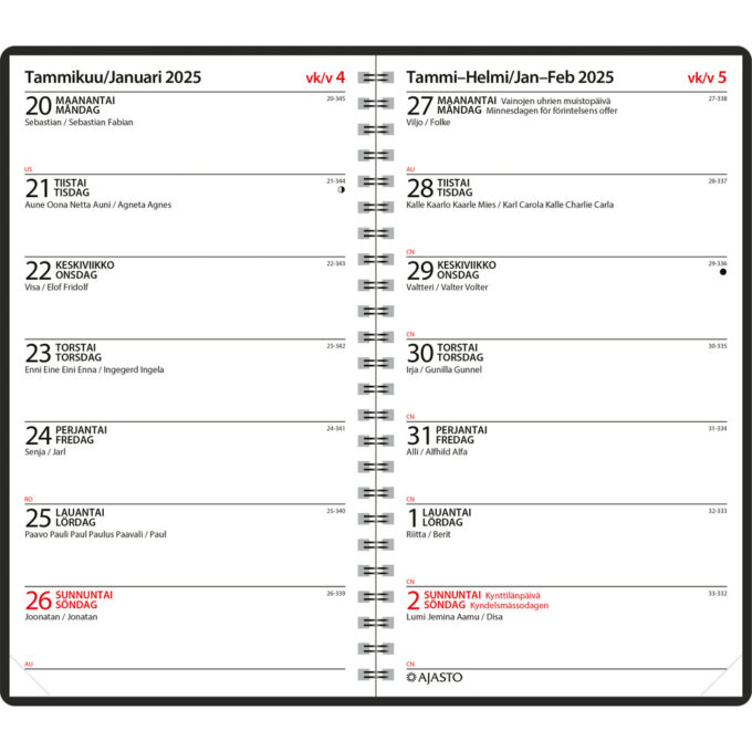 Viikkopäivyri/Veckodatumvisare 14 Eko, musta 2025 (pöytäkalenteri) tuotekuva2